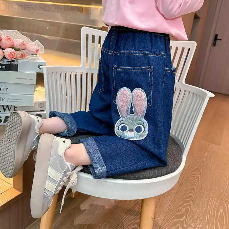 Disney Cute Cartoon Judy Girls Jeans Spring Autumn Vintage Elastic Waist Wide Leg Denim Pants Childrens Casual Trousers H251027