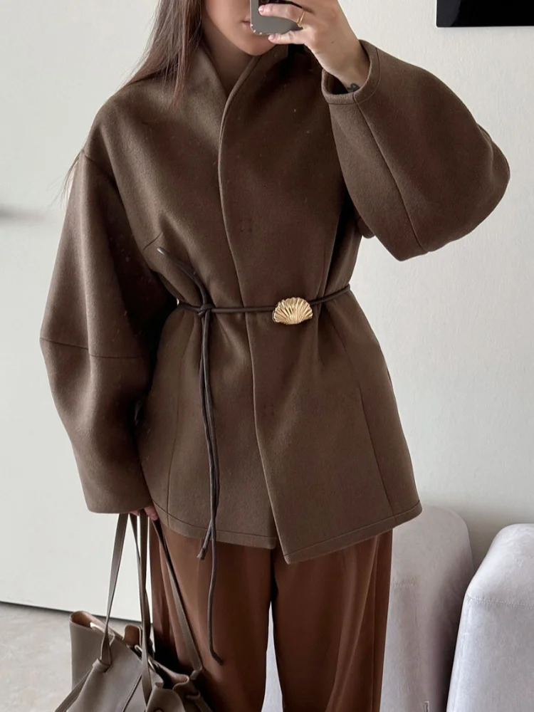 Chic Womens Solid Woolen Coat Elegant Full Sleeves Waist Tie Loose Outfit Fashionable Autumn Commuting Daily Lady Street Jacket 251027