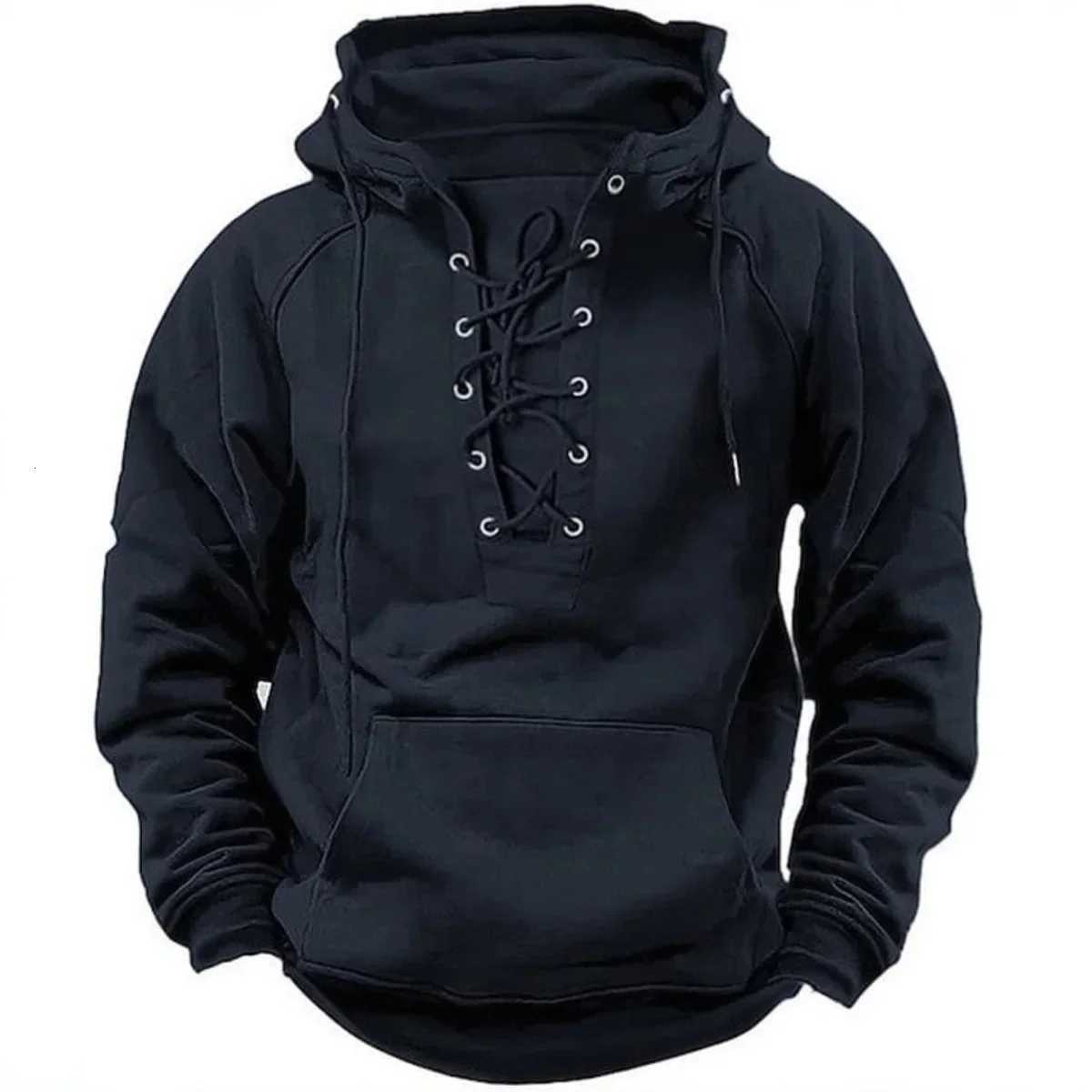 Mens RetroStyle LaceUp Hooded Sweatshirt LooseFitting LongSleeved Pullover Pure Color Design for Autumn Winter Hoodie W251027