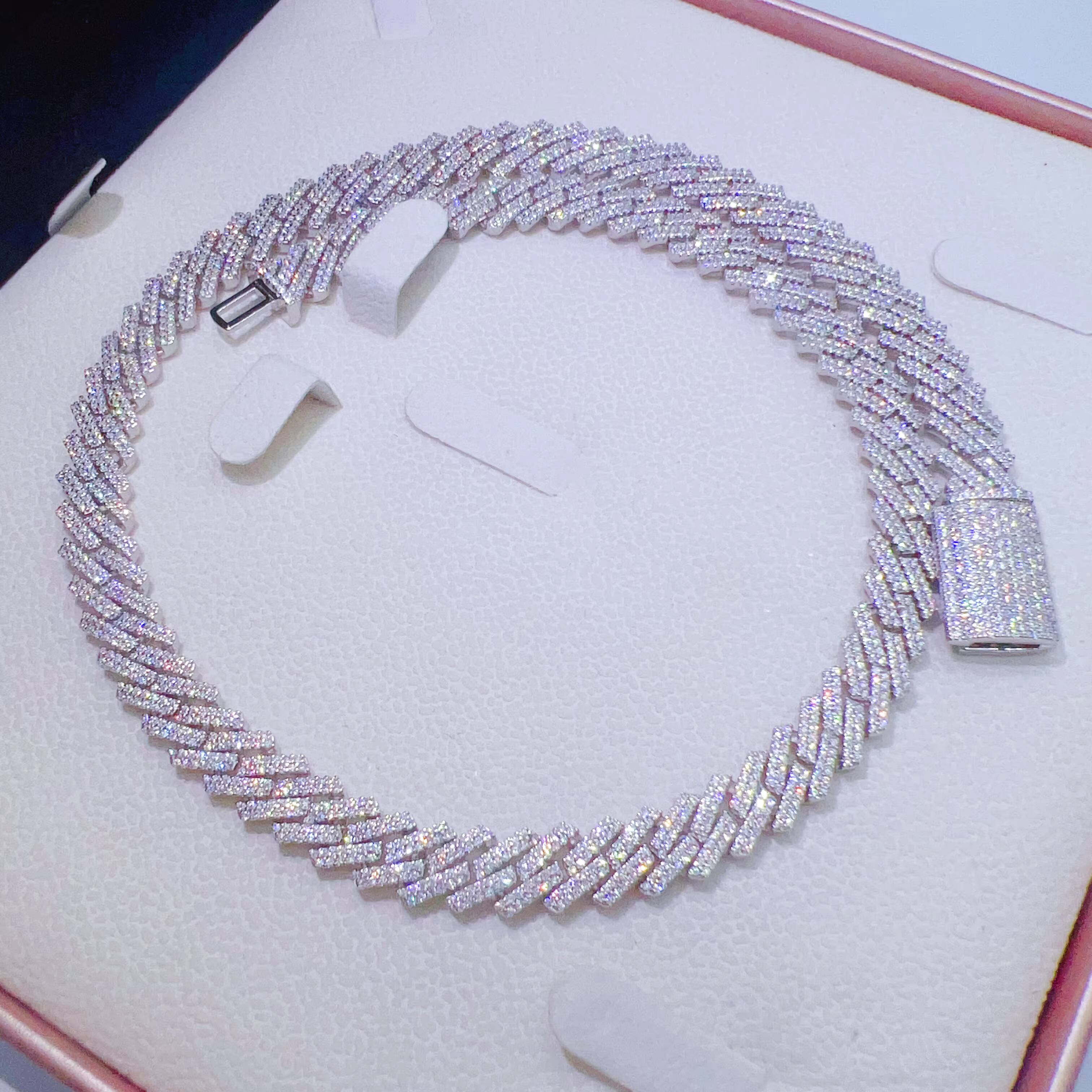 Popular Style Square Shape 10mm 2 Rows Hip Hop Iced Out 925 Silver FL Moissanite Diamond Pass Diamond Tester Miami Cuban Chain