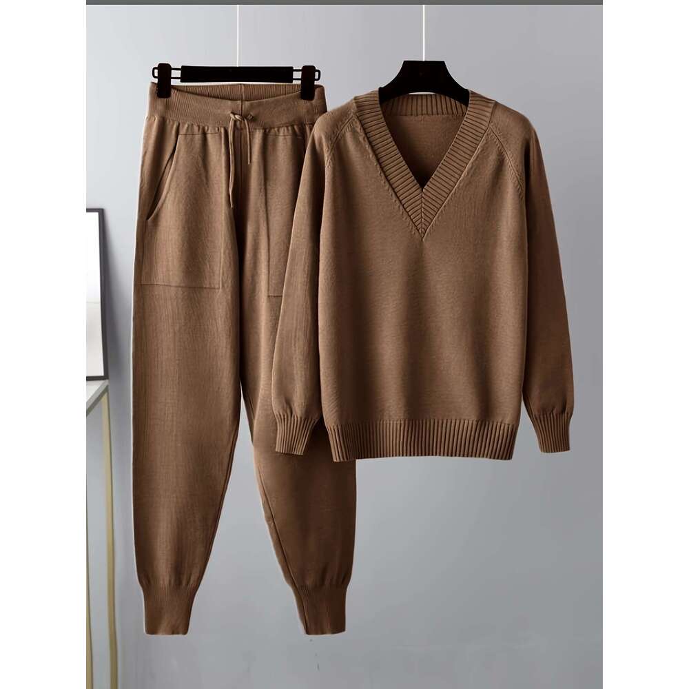 Two-Piece Set Two-Piece Set, Casual Solid Color V-Neck Sweater With Sleeves And Pants, No Belt, Regular Sleeve Length, Long Pants