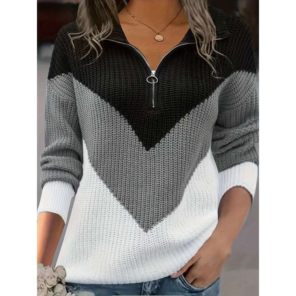 Color Block Quarter Zip Sweater, Casual Long Sleeve Sweater For Fall & Winter, Women's Clothing