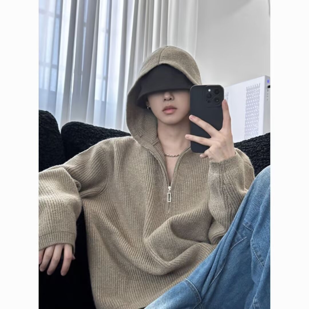 American Style Designer Sweater Casual Jacket Half Zipper Hooded Sweater Men's Autumn And Winter Trendy Brand Loose Lazy Style Knitted Sweater