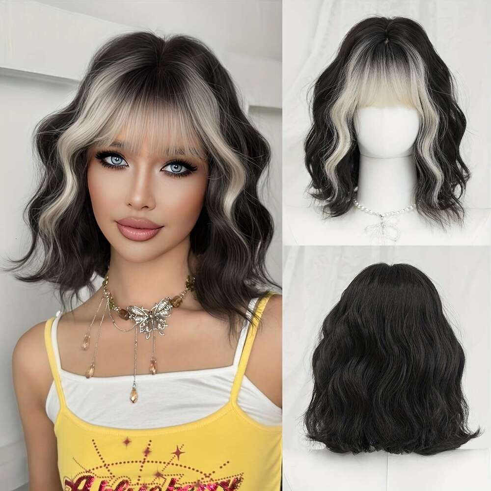 7Jhh WIGS Women's Bob With Bangs - High-Density Loose Wave Gradient Black To Siery White, Heat-Resistant Synthetic Daily Party Use, 14 Inch Rose 