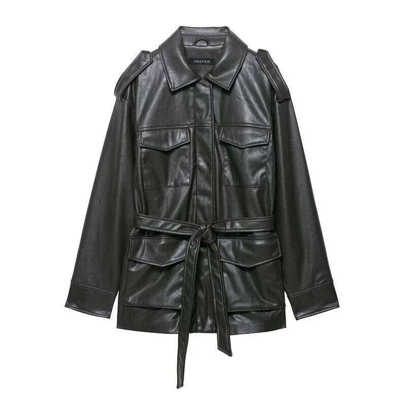 Women's New Fall 2025 Dark Green Long-Sleeved Faux Leather Jacket Pocket Decoration With Belt Casual Personality Mot