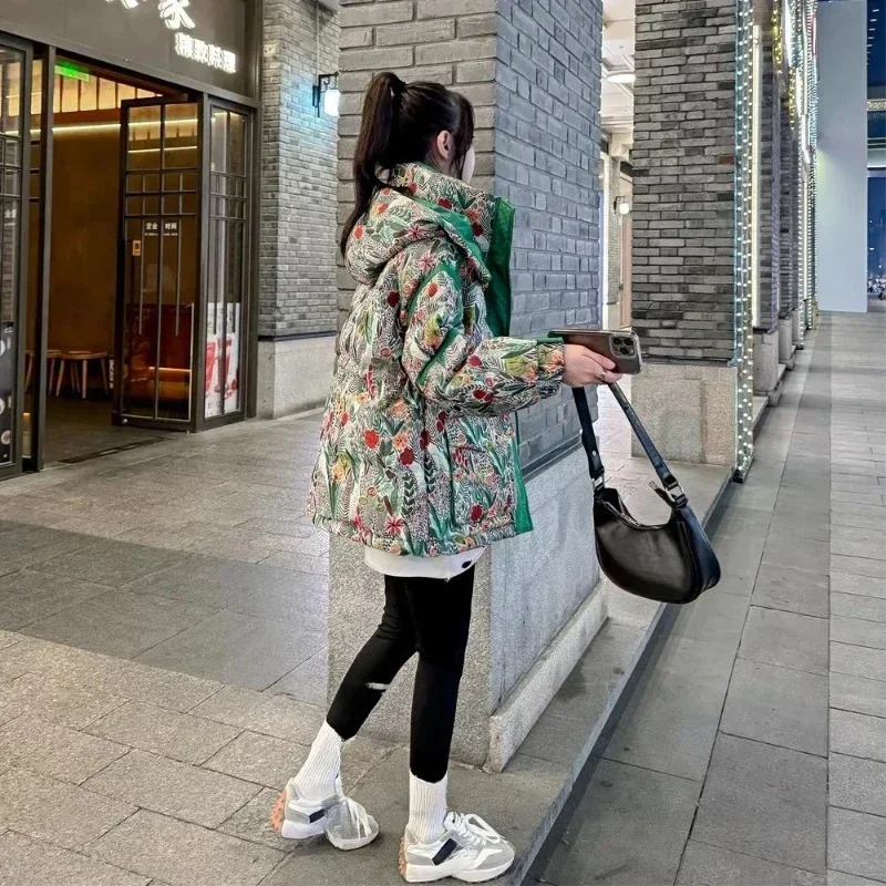 Fashion Zipper Hooded Short Printed European Goods Down Cottonpadded Womens Winter Thick Warm Green Coat 251027