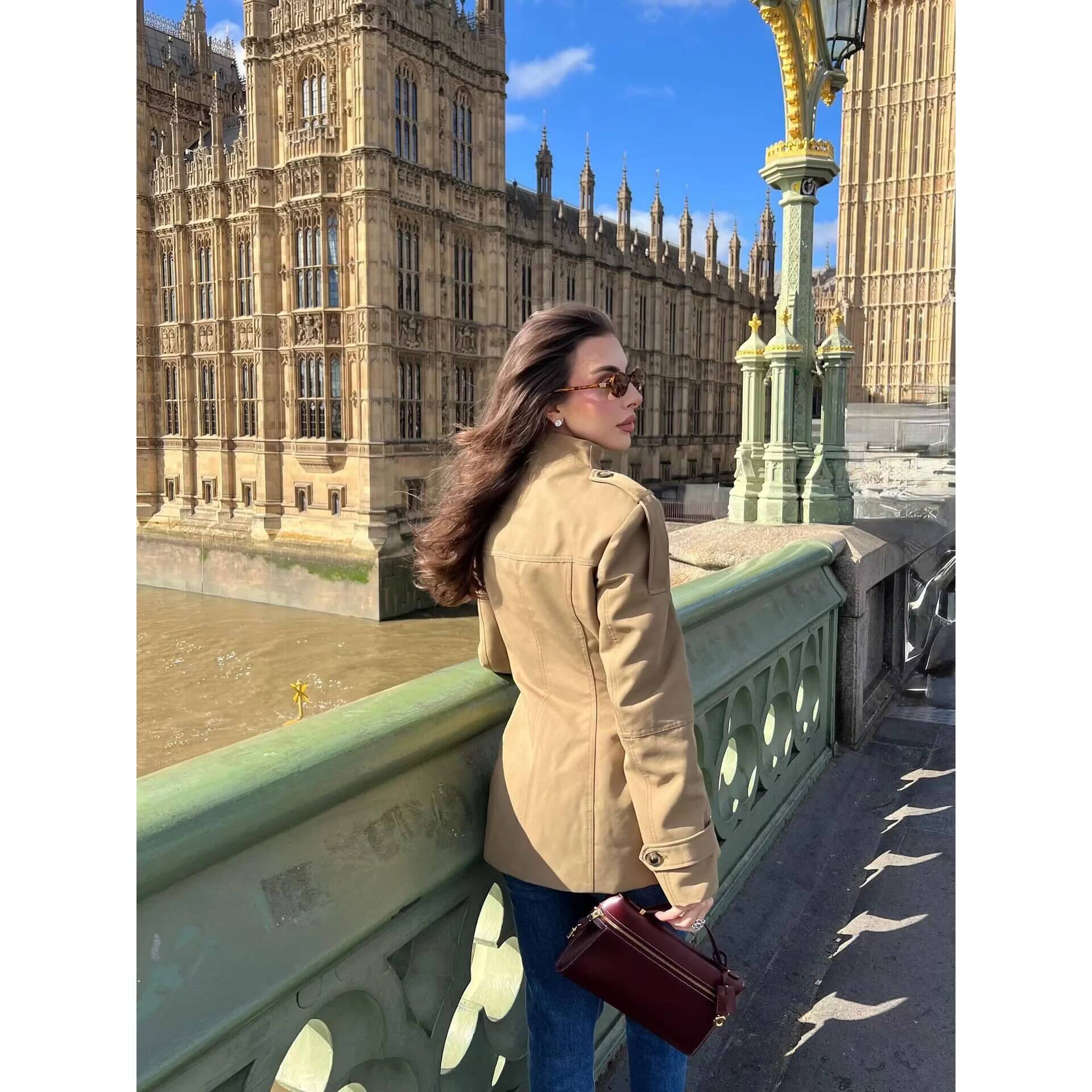 winter jacket women BSAY stand collar workwear style multi pocket jacket 2025 autumn new France Shoulder strap coats chic ladies tops mujer