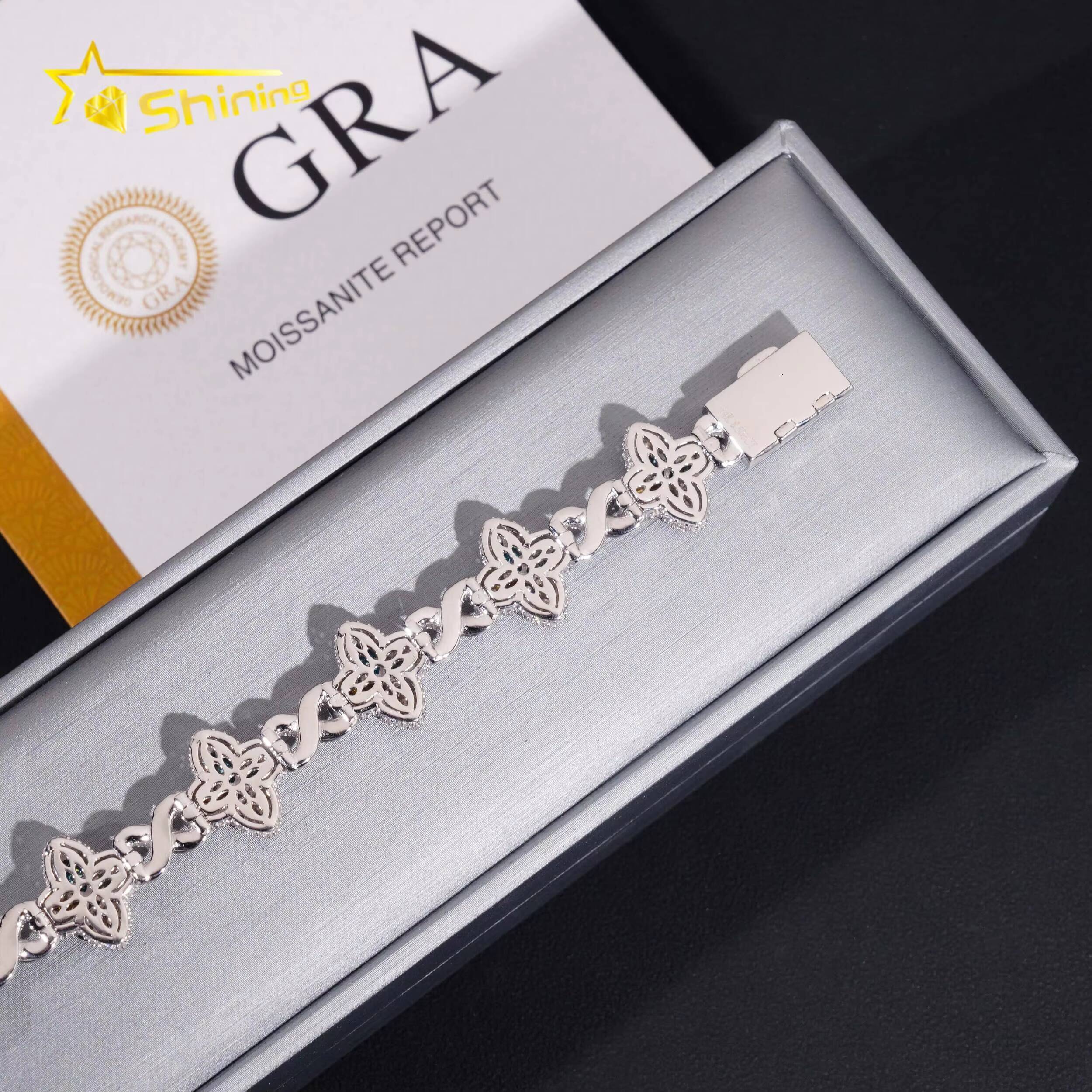 Custom Luxury Iced Out Hip Hop Moissanite Diamond 925 Silver Cuban Link Chain Bracelet Popular Colorful Flower Clover Bracelet