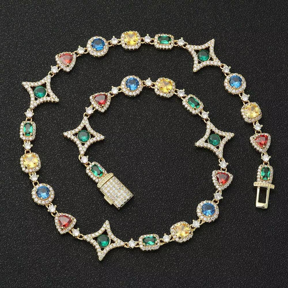 NUOYA New Arrival Colorful Gemstone Chain for Women 18K Gold Plated Colored Zircon Geometry Motif Link Necklace Hip Hop Jewelry