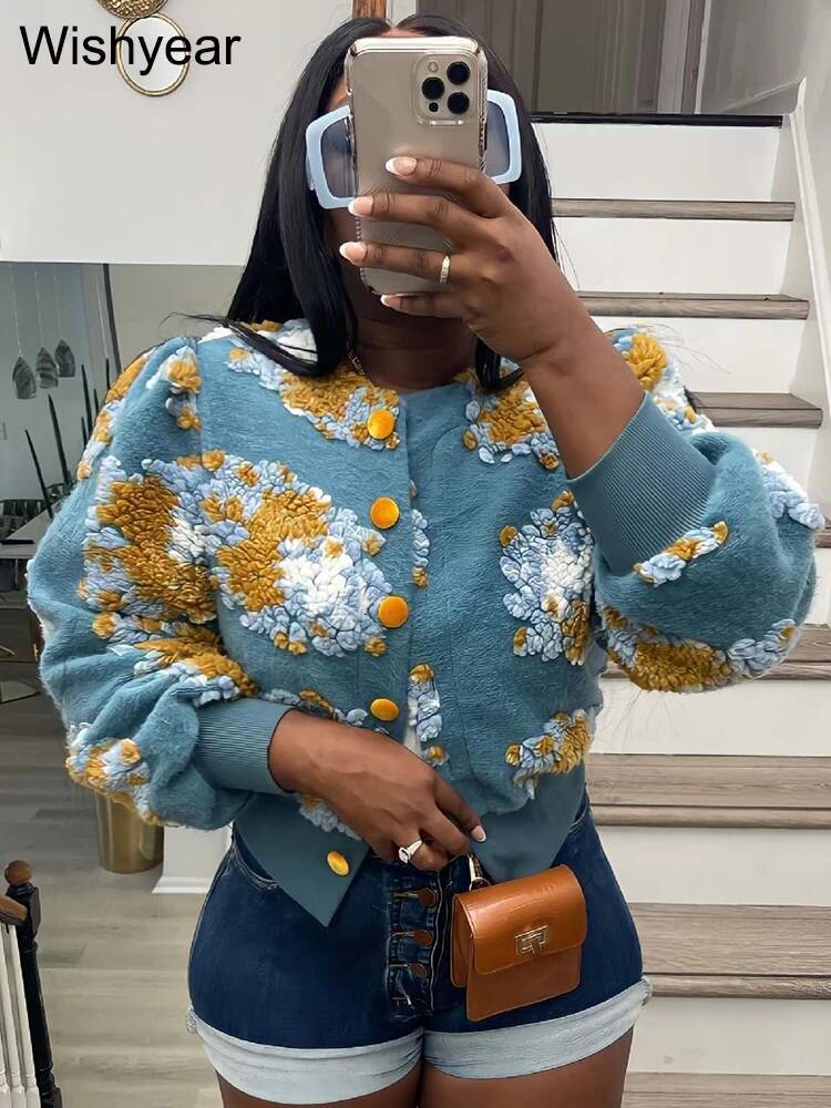 winter jacket women Streetwear Winter Warm Thick 3D Flowers Patchwork Jacket Women Puff Long Sleeve Single-breasted Baseball Coats Vintage Outwear