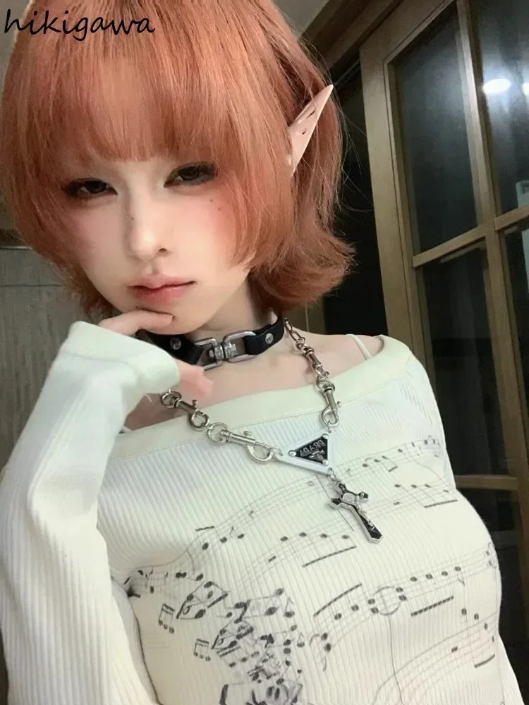 Punk T Shirts for Women Print Long Sleeve Tunic Tees Fashion Korean Camisetas Y2k Tops Slash Neck Casual Tshirts 2025 Ropa Mujer 251027