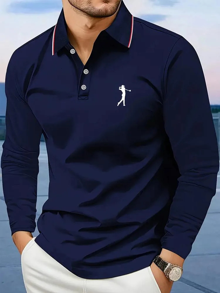 Breathable Mens Casual Long Sleeve Polo Shirt Comfortable Fit Graphic Print Stripes and Golf Player 251016