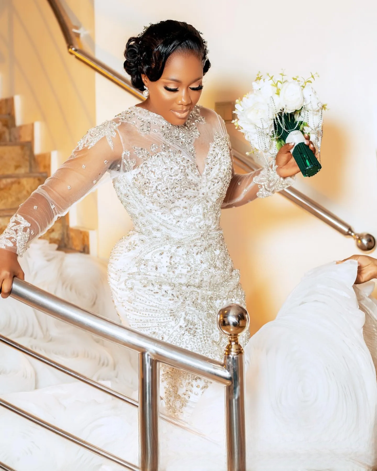 Arabic Aso Ebi Plus Size Mermaid Wedding Dress in Ivory with Lace Beaded Crystals and Luxurious Tiers