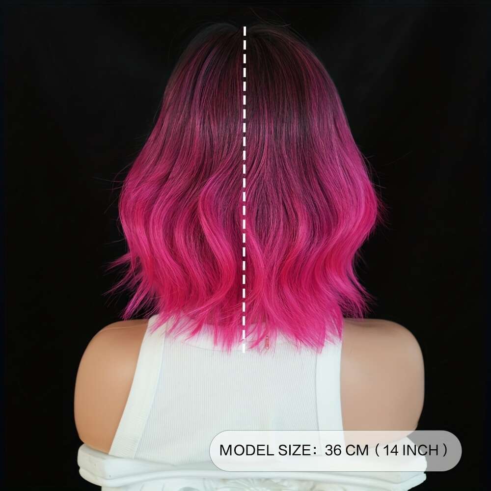 NAMM Women's Short Black To Pink Purple Ombre Wig - Heat-Resistant Synthetic Hair With Bangs & Layered Bob Cut, Glueless Cosplay Costume Wigs For