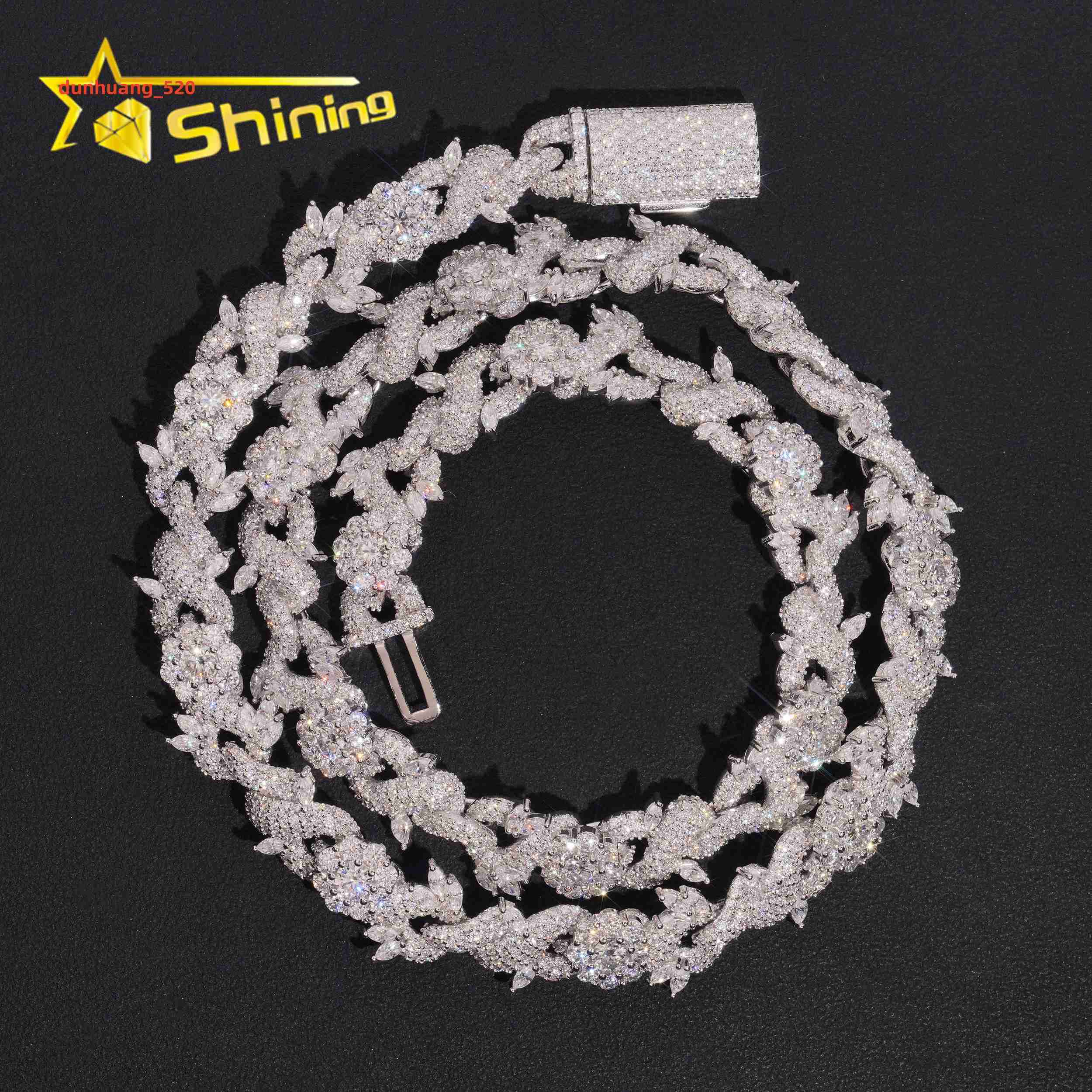 12MM Sterling Silver Moissanite Diamond Iced Out Men Necklace Jewelry Infinity Chain Link With Flower