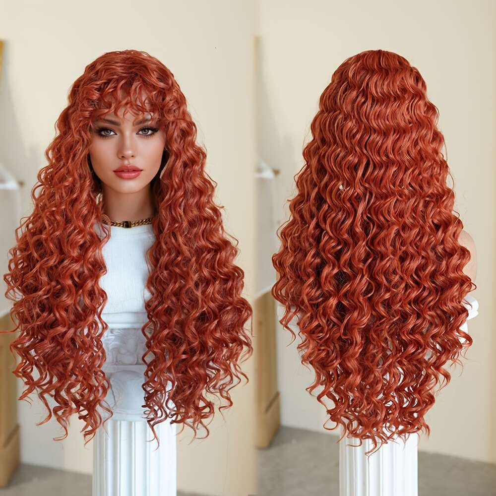 Costume Long Deep Orange Brown With Bangs High Density Fluffy Curly Wave Wig Heat Resistant Synthetic For Women Daily Party Use Music Festival Hallowe