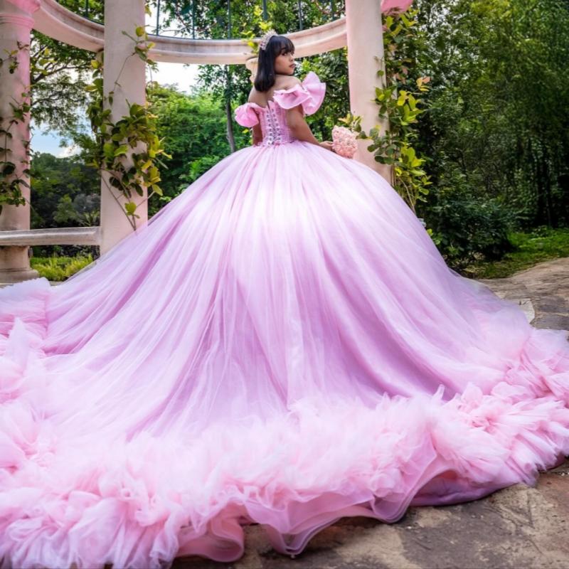 Pink Shiny Quinceanera Dresses Off The Shoulder Applique Lace Beads Tiered Tull Party Birthday Sweet 16 Dress Vestidos 15 De Anos