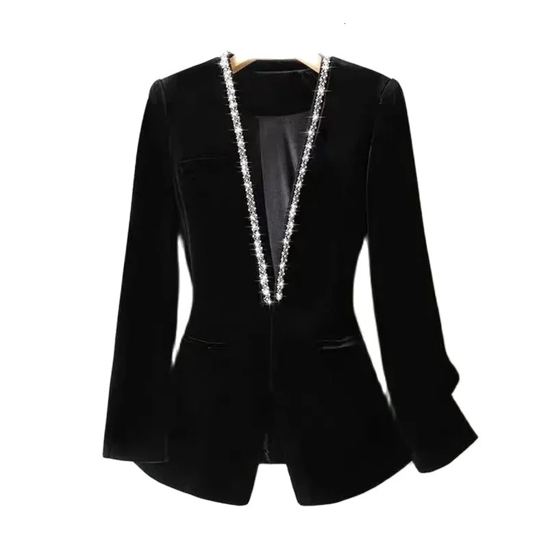 Gold velvet beaded Women Blazer Korean Fashion Autumn Long Sleeve Office Work Blazers Lady Jackets Coat Female Tops 251027