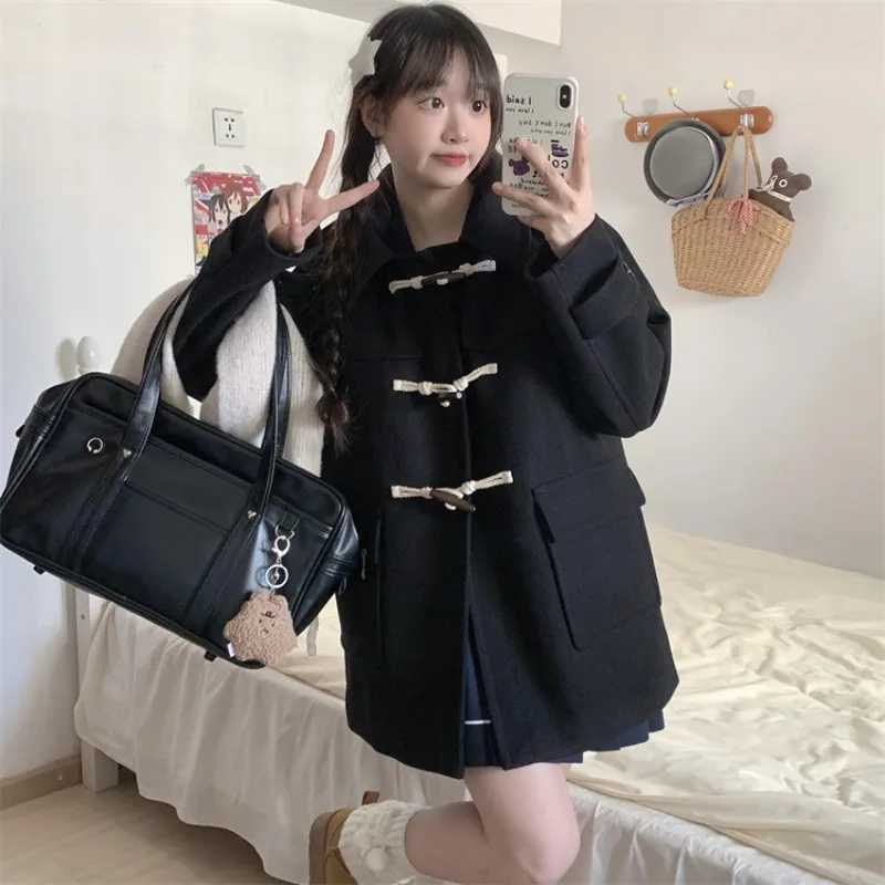 Wool Women Solid Trendy Horn Button Design Coats Korean Fashion Autumn Winter Simple Streetwear Harajuku Popular Students Mujer M251027