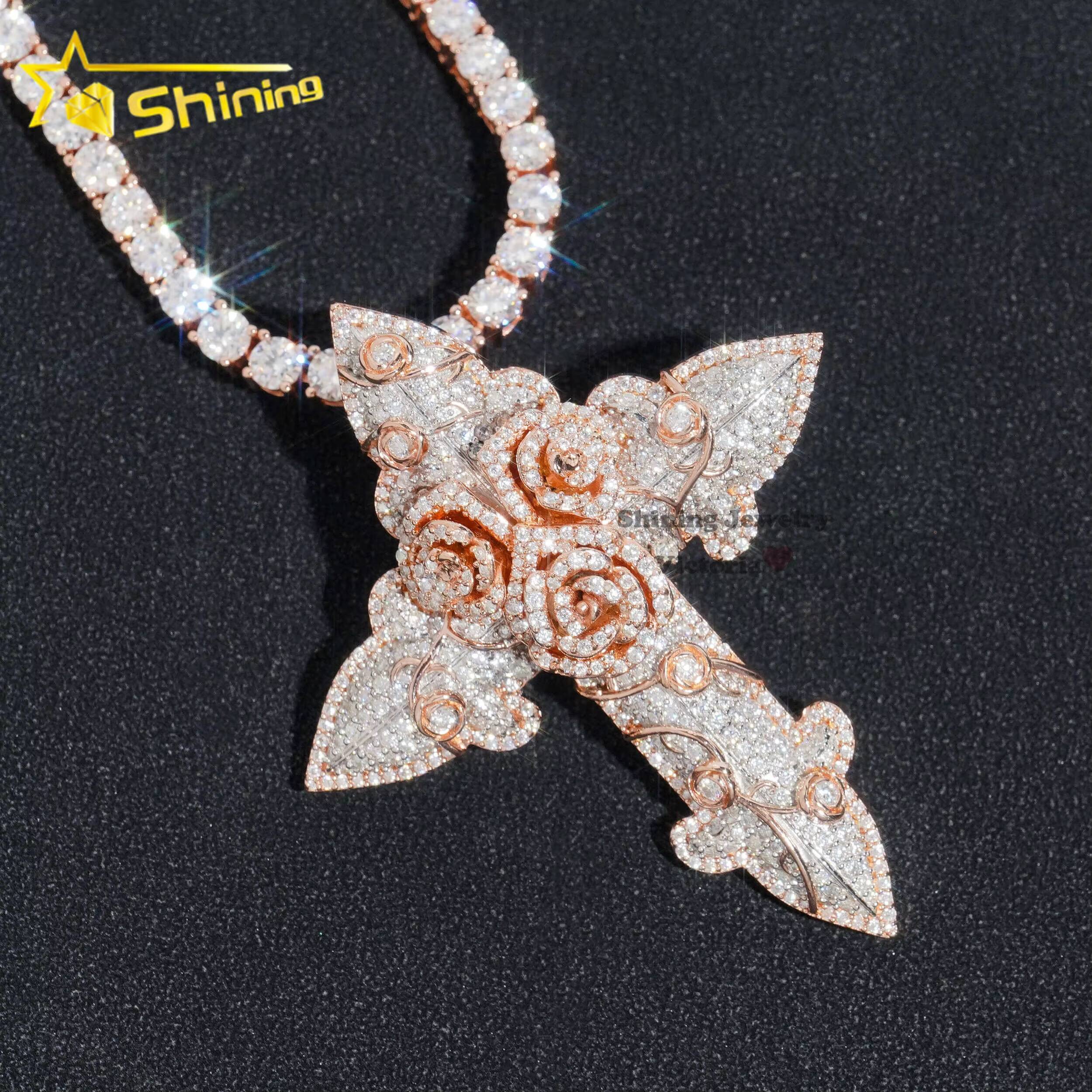 Hip Hop Jewelry Iced Out Custom Mens Pendant 925 Sterling Silver VVS Moissanite Diamond Rose Gold Cross Pendant