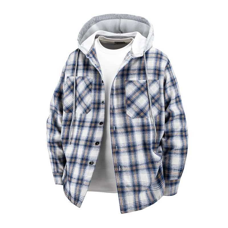 Hooded mens and womens wearable plaid shirts Japanese shirt jackets for spring and fall loosefitting longsleeve jackets W251027
