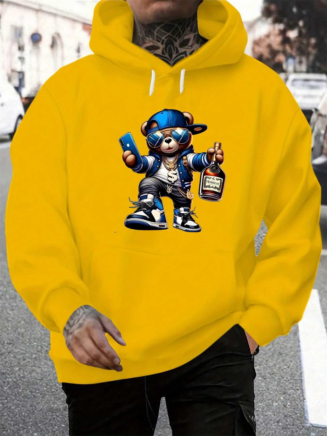 Mens autumn and winter casual fashionable loose hooded sweatshirt with cool bear pattern printed long sleeved warm pullover W251027