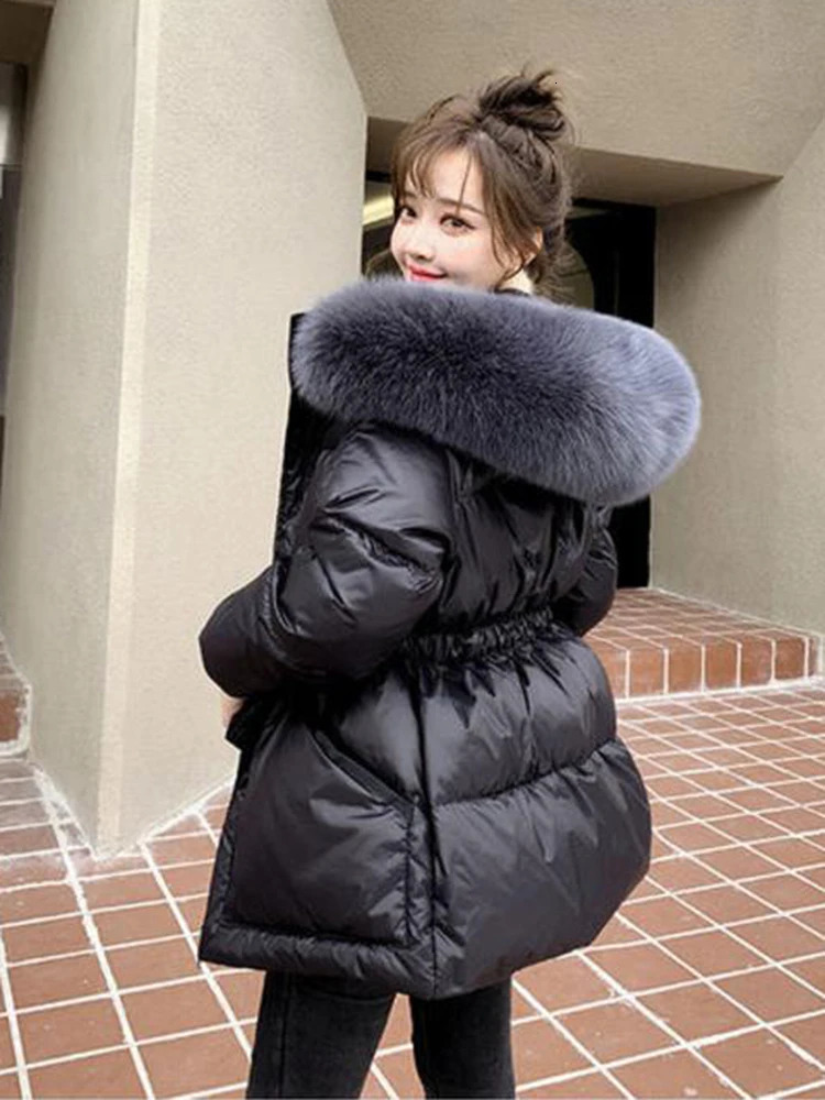 Autumn Winter Hooded Fur Collar Parkas Mujer With a Belt Thick Warm Down Cotton Padded Jacket Women Casual Coat Female 251027