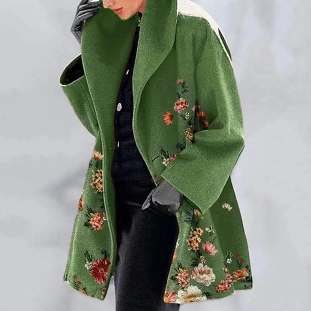 Spring Jacket Elegant Flower Print Womens Fall Winter Overcoat with Turndown Collar Plus Size Mid Length Loose Thick Warm Long 251027