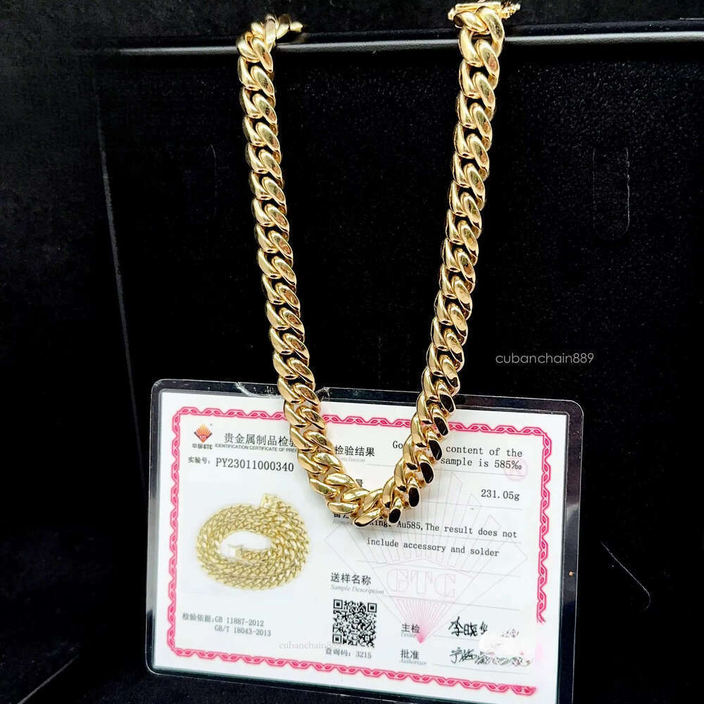 High designer bracelet14k Solid 12mm AU585 Gold Hip Hop Jewelry Rapper Miami Cuban Link Chain Necklace for Men
