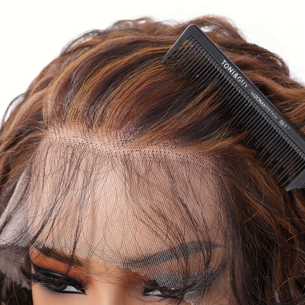 13X6 HD Transparent Front 26Inch Highlight Brown Curly Wave Synthetic Glueless Lace Wig High Temperature Chemical Fiber Daily Wear&Christmas&Music