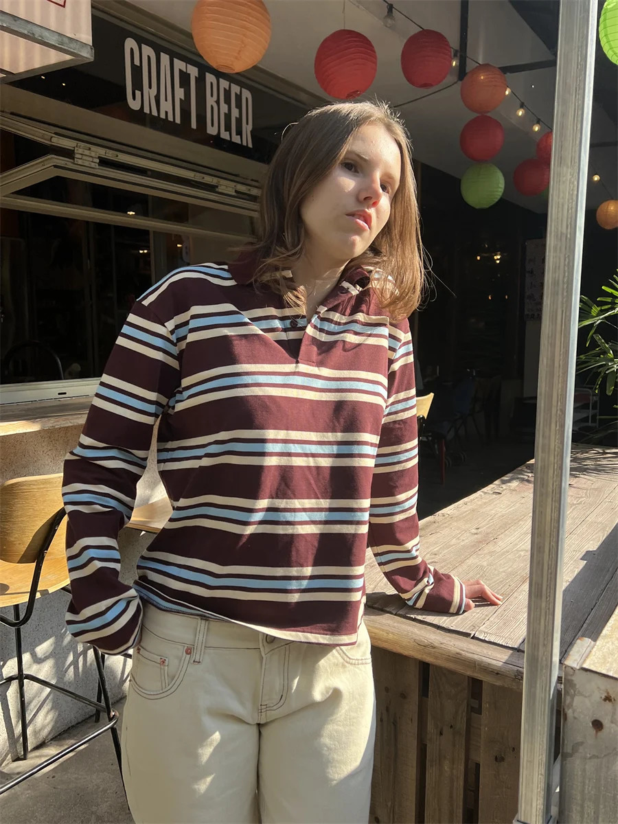 Summer Polo Shirts Woman Long Sleeve Crop Top Color Block Green Striped Print Polo Shirts Mujer Casual Tops Striped Brown Autumn 251027