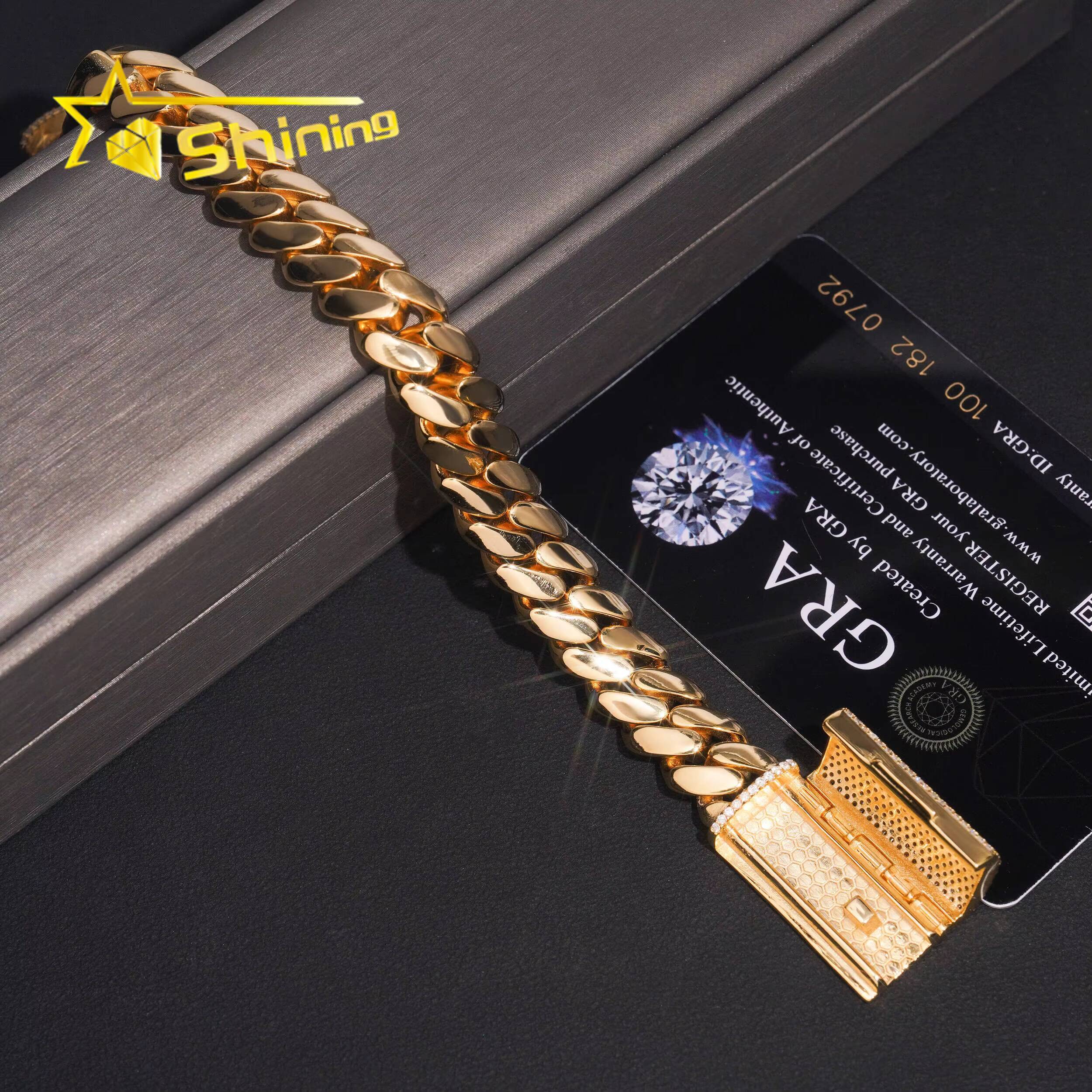 Hip Hop Jewelry Gold Plated 12mm Plain Cuban Bracelet with Moissanite Clasp Custom 925 Silver Bracelet for Men