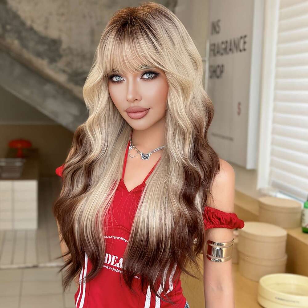7Jhh WIGS Women's Long /Korean Style Water Wave Ombre Blonde/Brown Wig - Heat Resistant Synthetic Hair With Dark Roots, High Density Layered 26.3