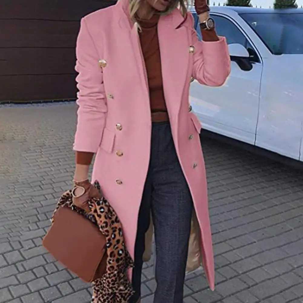 Women Wool Blends Coat Slim Fit Solid Color Doublebreasted Warm Woolen Coat Autumn Winter TurnDown Collar Women Overcoat M251027
