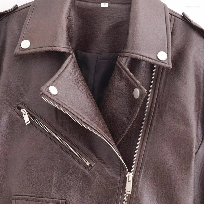 Women's Jackets Autumn Zipper Decoration Imitation Leather Motorcycle Style Collar Long Sleeve Jacket Coat