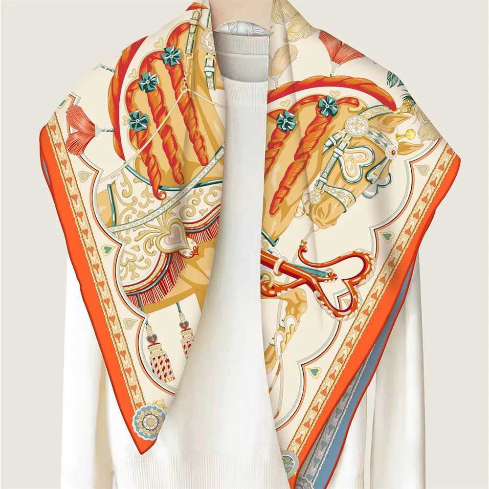POBING Hand Rold Twill Silk Scarf Wen Two Horse Doub Print Square Scarves Wraps Echarpes Foards Fme Hijab 90CMW251027
