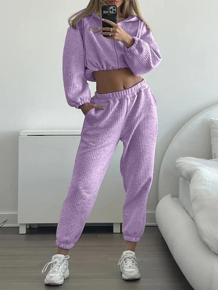 Ladies Casual Hoodie And Trousers Cotton Plaid TwoPiece Set Streetwear Sporty Comfortable Pants with Elastic Waist 251027