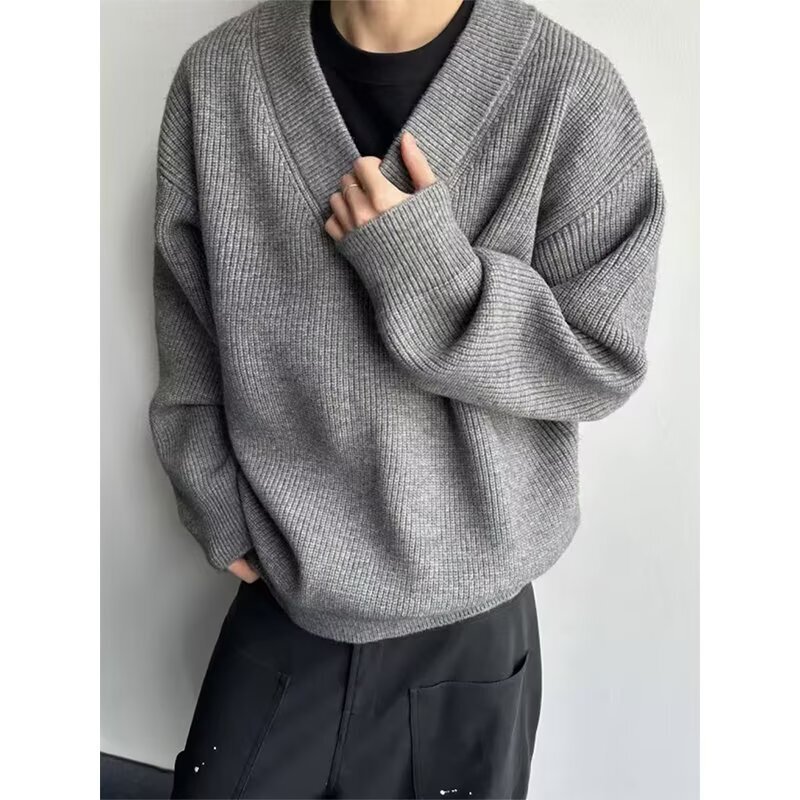 American Style Gray V-neck Sweater Designer Sweater For Men Winter Trendy Brand Lazy Knitted Cardigan Layering Base Shirt