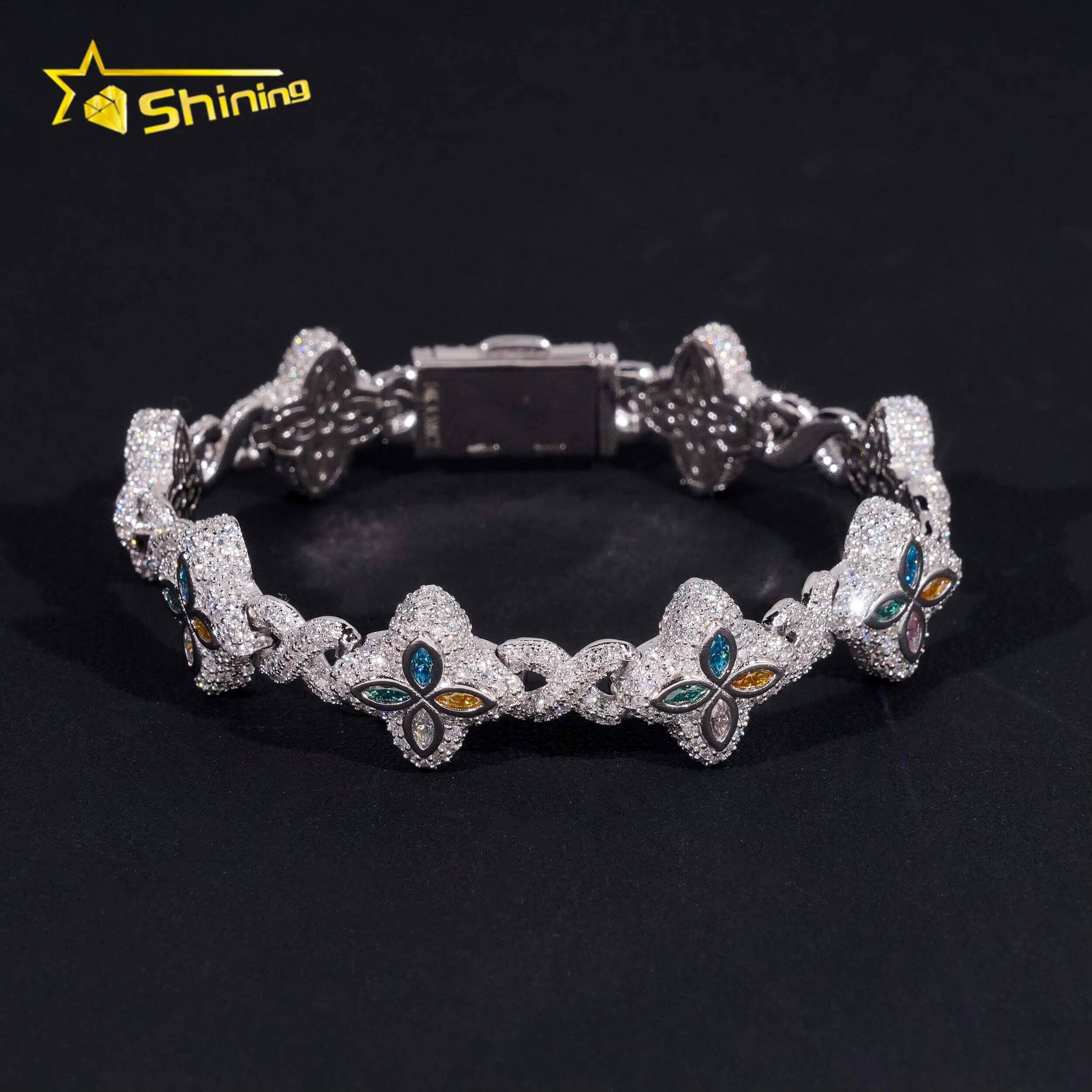 Custom Luxury Iced Out Hip Hop Moissanite Diamond 925 Silver Cuban Link Chain Bracelet Popular Colorful Flower Clover Bracelet