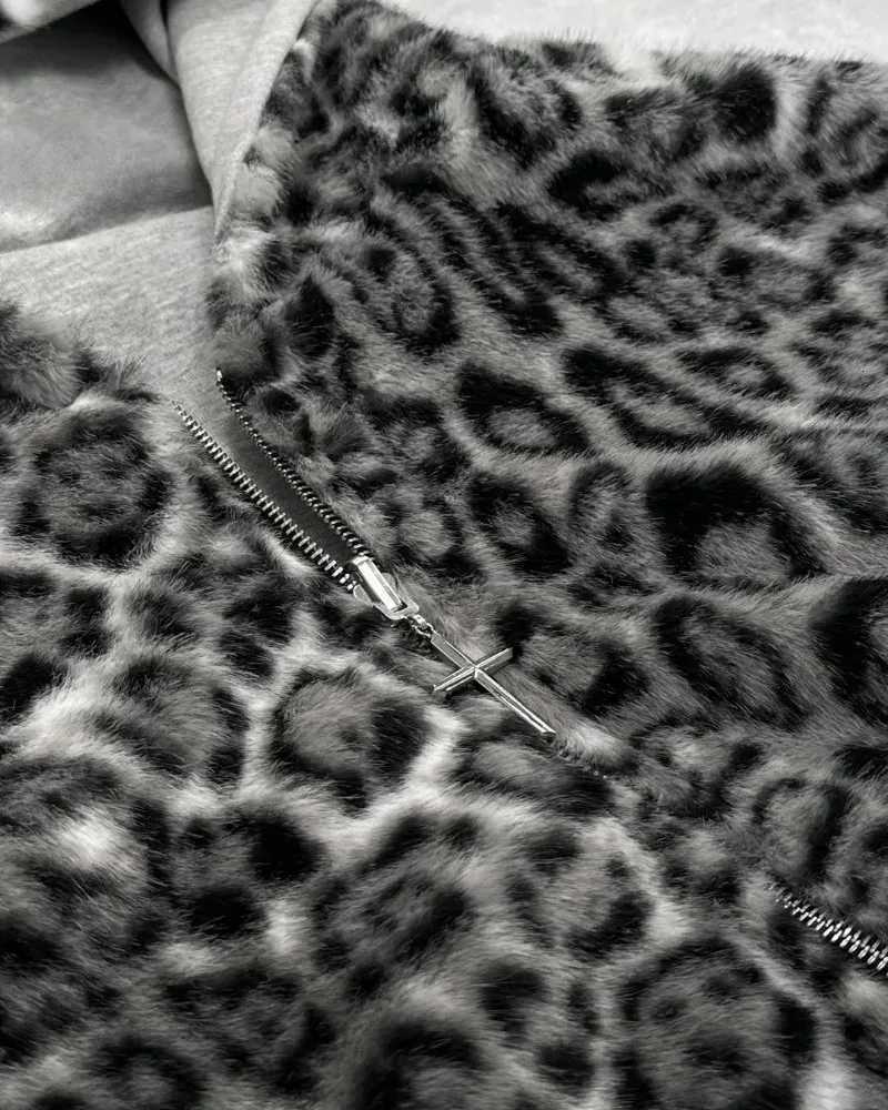 New Twosided Clothing Harajuku Retro Leopard Print Fashionable Loose Zipper Hoodie Men Street Hiphop Casual Sweatshirt Women W251027