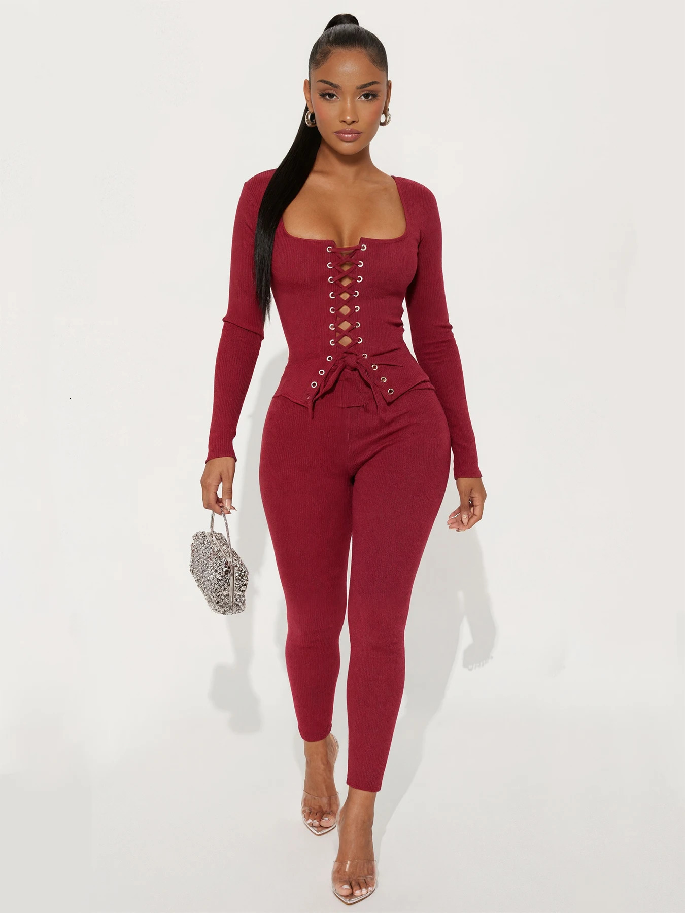 Weird Puss tie Tracksuits 2Piece Set Women Shirring Square Collar Crop TopPants Matching Simple Sporty Stretch Slim Outfits 251027