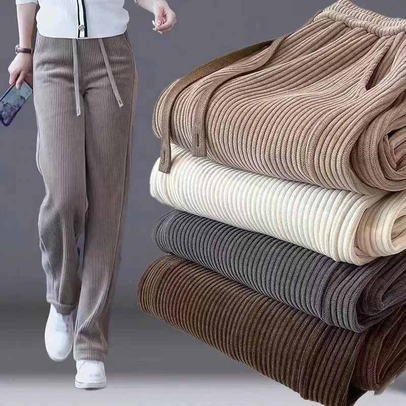 Womens Fleece Lined Thick Wide Leg Pants Autumn Winter High Waist Drapey Straight Corduroy Casual Trousers 251027
