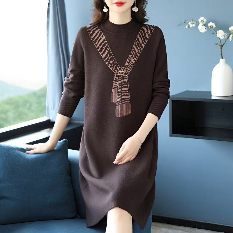 plus size women's new long sleeve high waist printed banquet dress mid-length skirt D02762