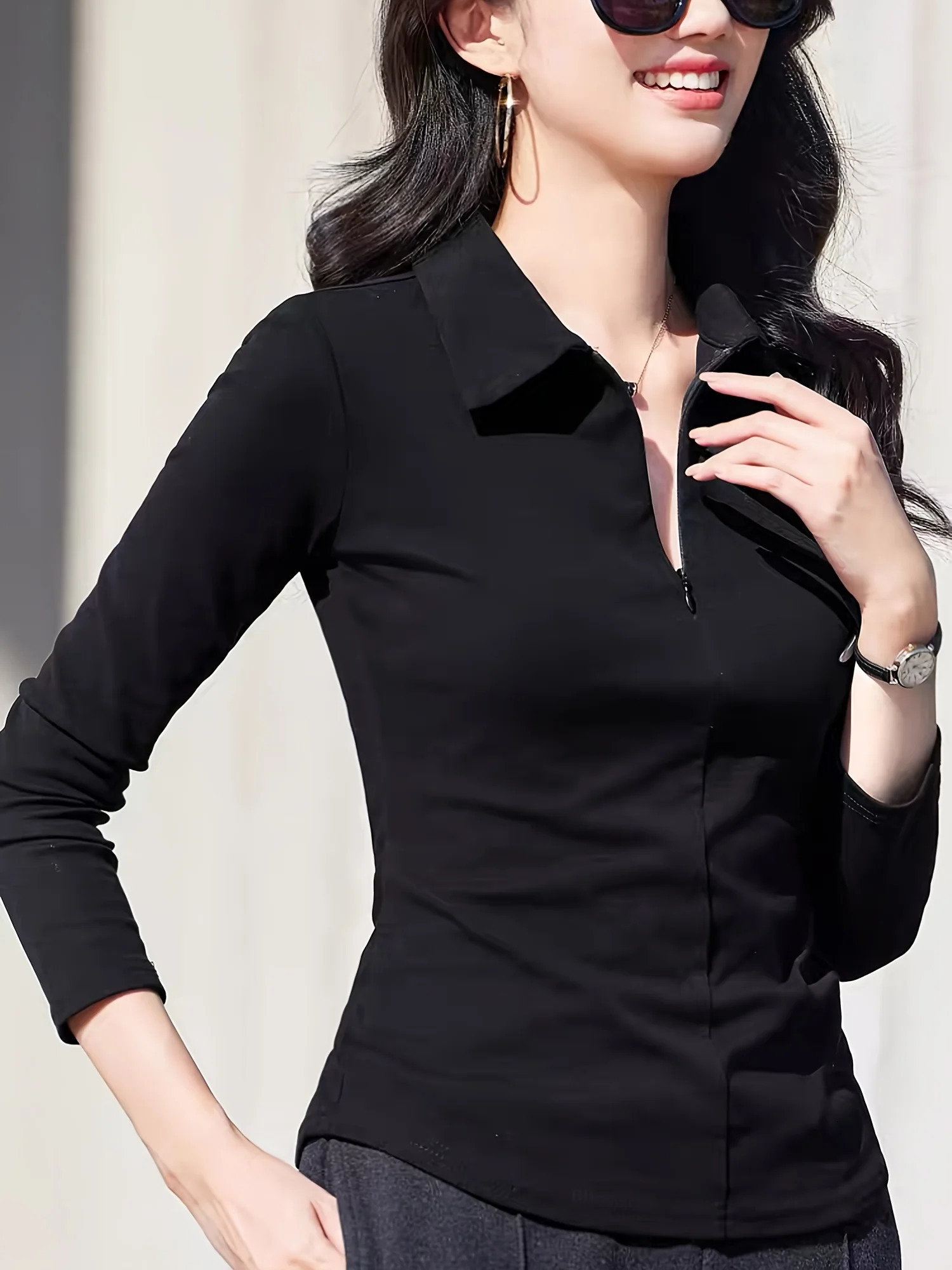 Womens solid color half zipper fashion and leisure long sleeve POLO shirt can be machine washed and dry cleaned 251027