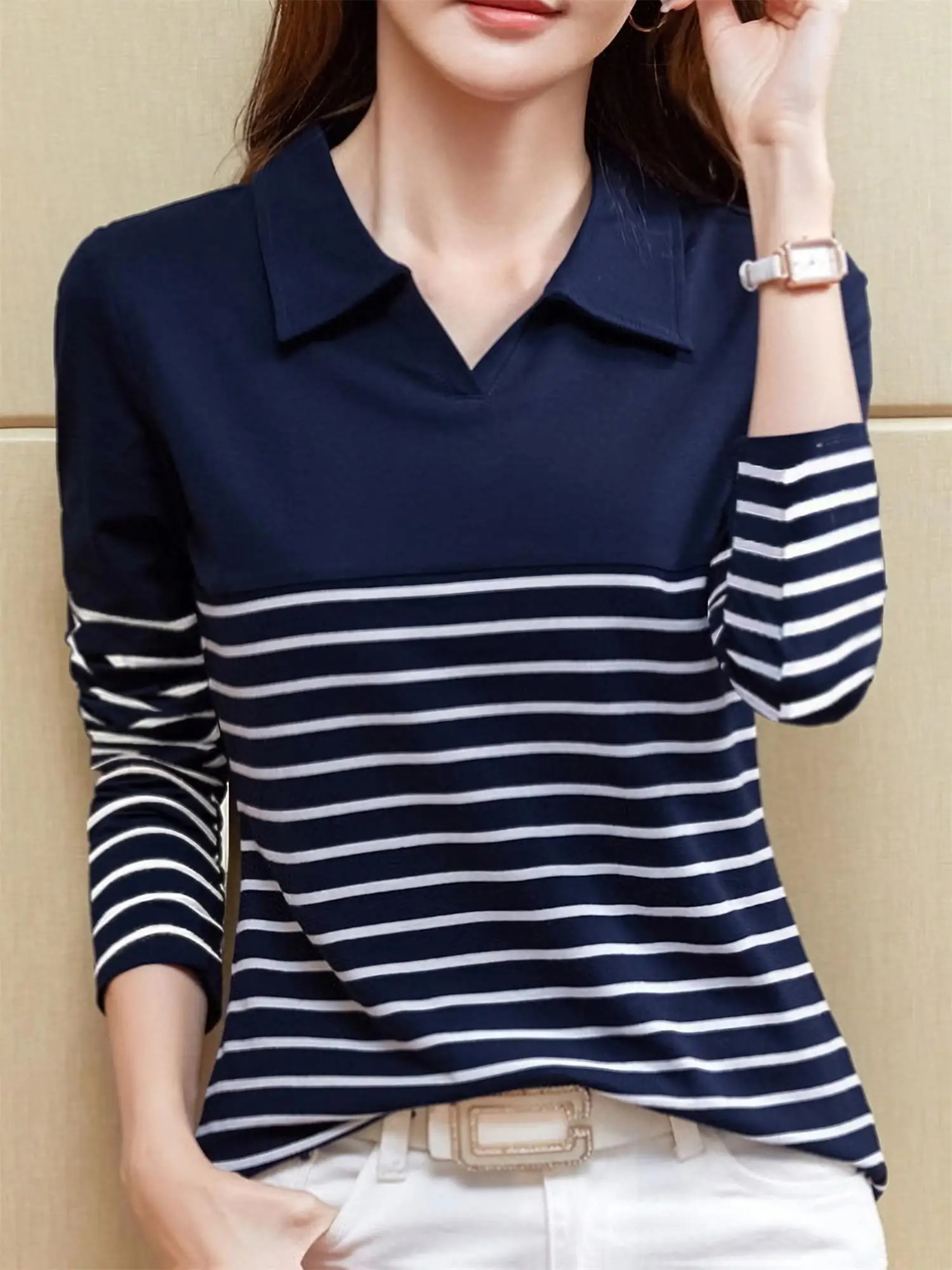 Womens striped color matching longsleeved POLO shirts fashion casual knitted tops can not be dry cleaned 251027