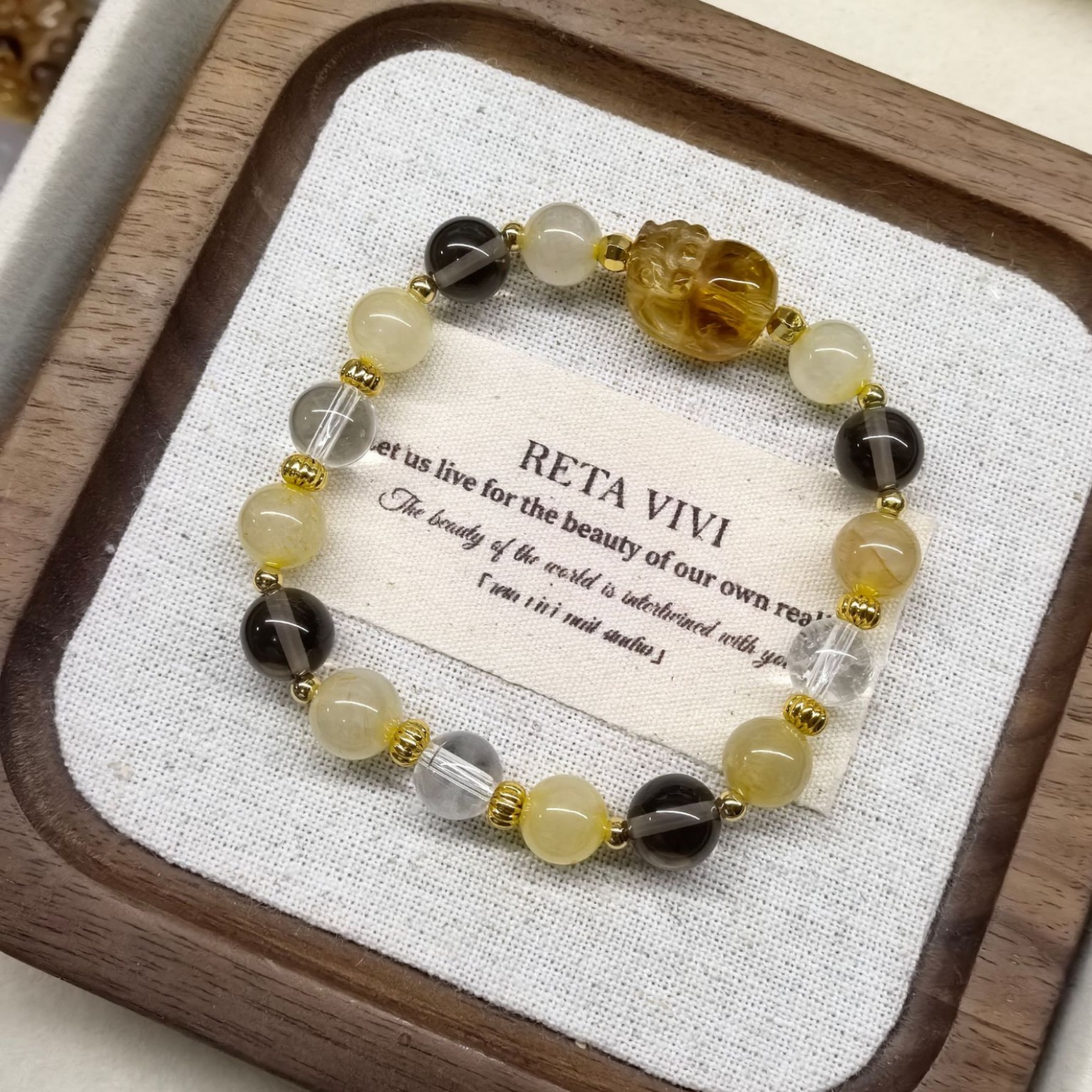 Golden Tourmaline Beaded Bracelet with Yellow Tower Crystal Pigs and Tea Quartz White Jade