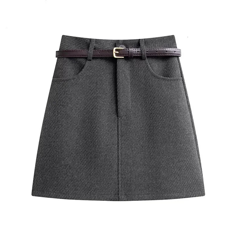 Plus Size Grey Woolen A Line Mini Skirt Womens Spring Thick High Waist Bodycon Short Korean Style Pure Color Pocket 251027