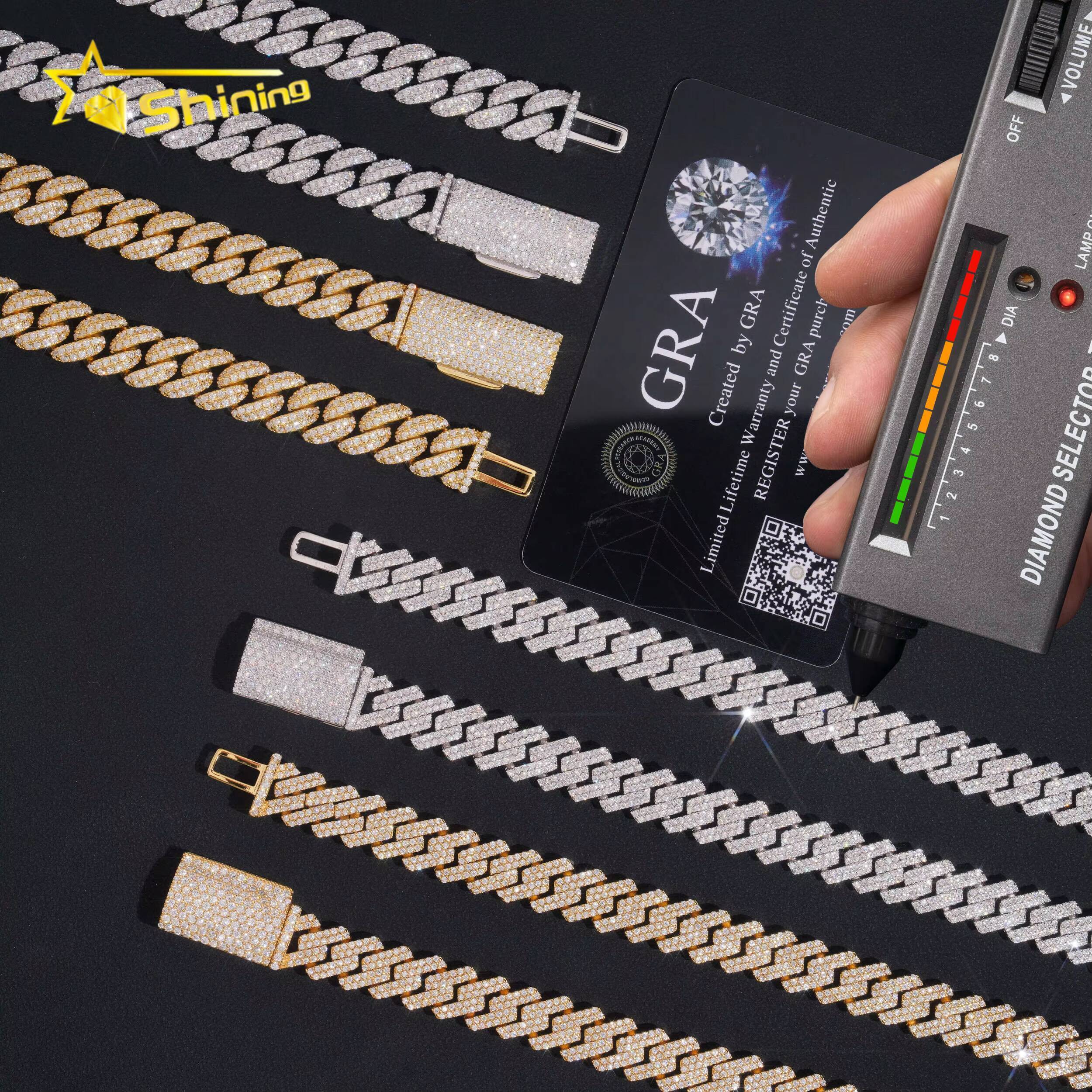 Hip Hop Fine Jewelry Factory Direct Sell 10MM Iced Out 925 Sterling Silver White Gold Plated Moissanite Cuban Link Chain Men