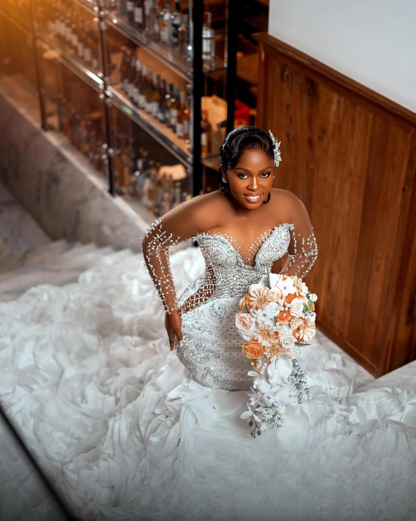 Arabic Aso Ebi Plus Size Mermaid Wedding Dress in White with Crystals Beaded Tiers and Luxurious Organza