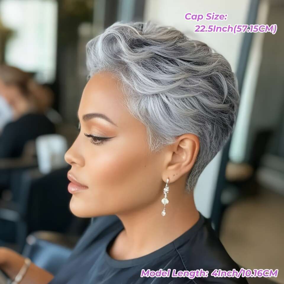 Women's Brazilian Remy Human Hair Wig Ash Grey Pixie Cut With Bangs, 180% Density Looking Layered Hair, Straight Salt Pepper Short Style Daily We
